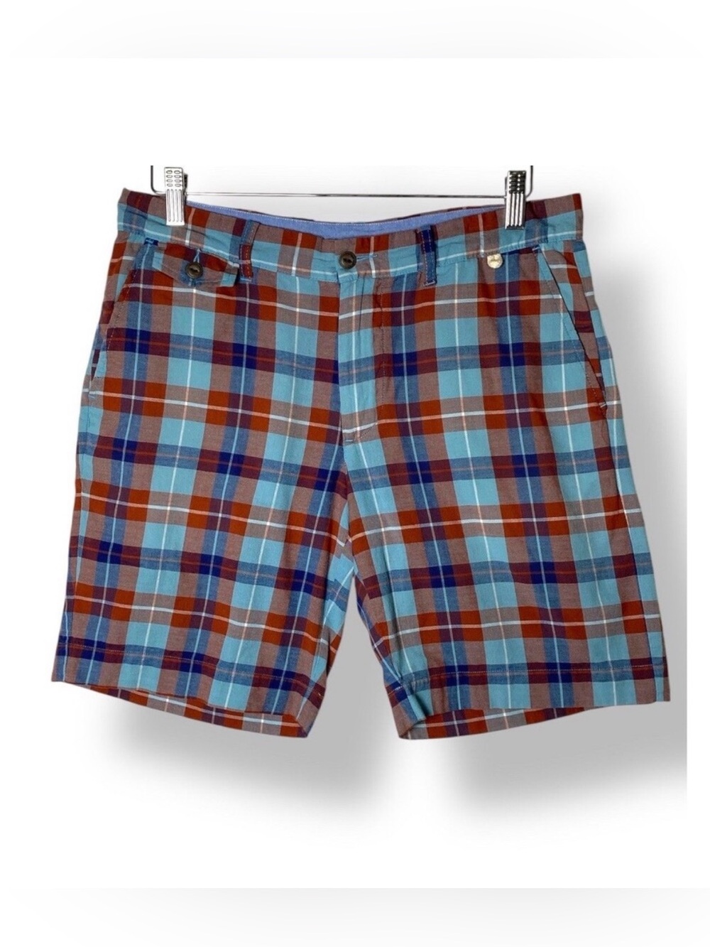 PENDLETON SURF Shorts Men's 32 100% Cotton Blue Red Madras Plaid 9” Inseam